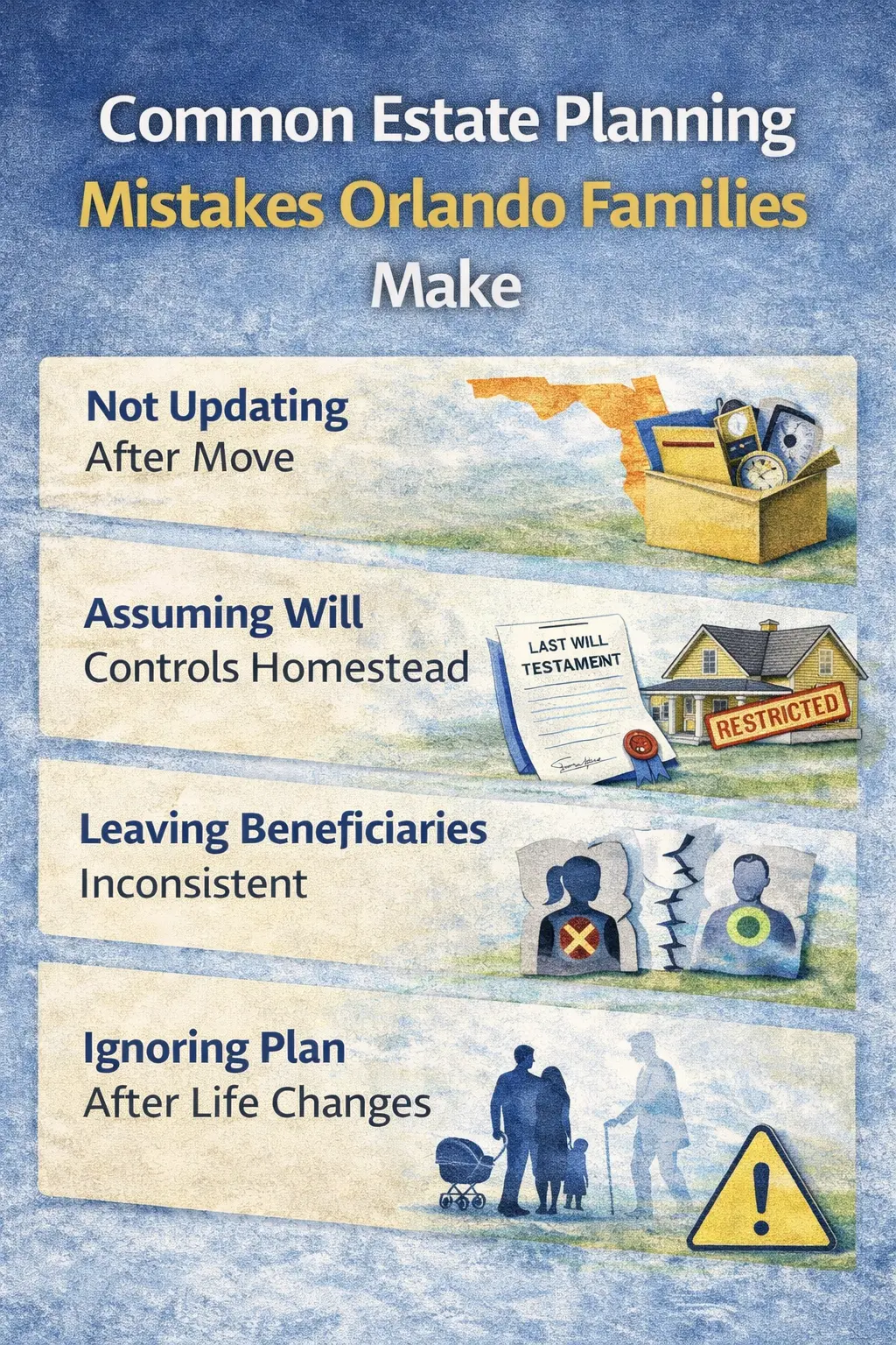  Common estate planning mistakes in Florida including outdated wills uncoordinated trusts and homestead issues 