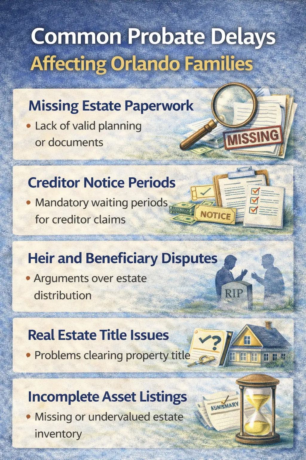 Common probate delays in Florida including creditor notices real estate title issues and beneficiary disputes