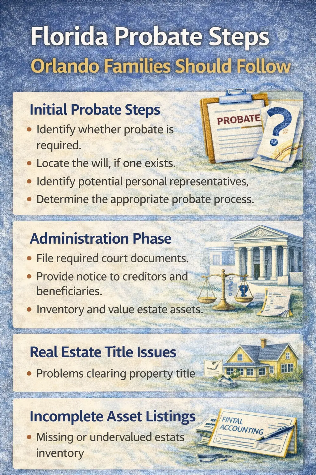 Florida probate process showing estate administration steps asset distribution and court discharge