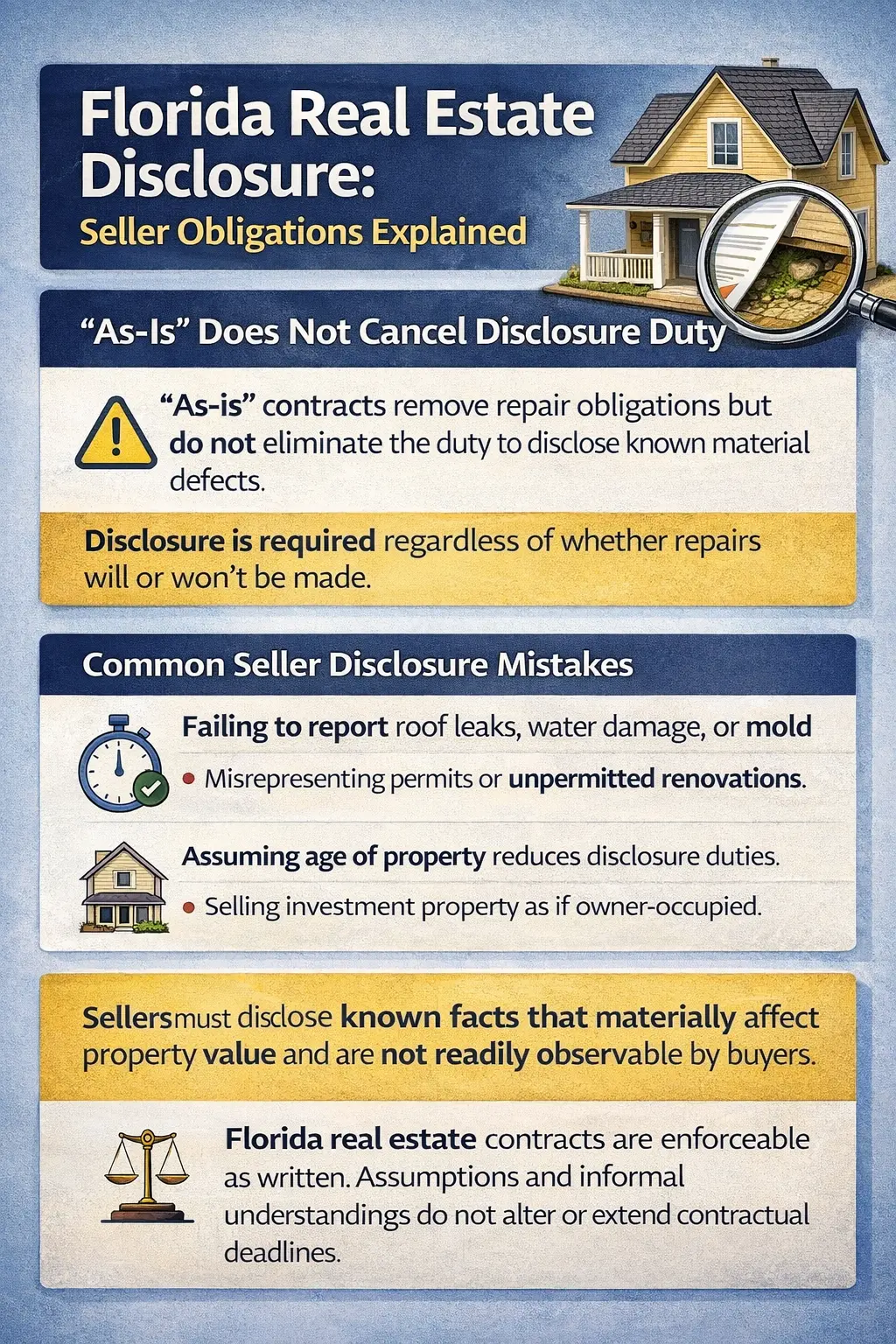 Florida real estate seller disclosure obligations including as is sales and material defect rules