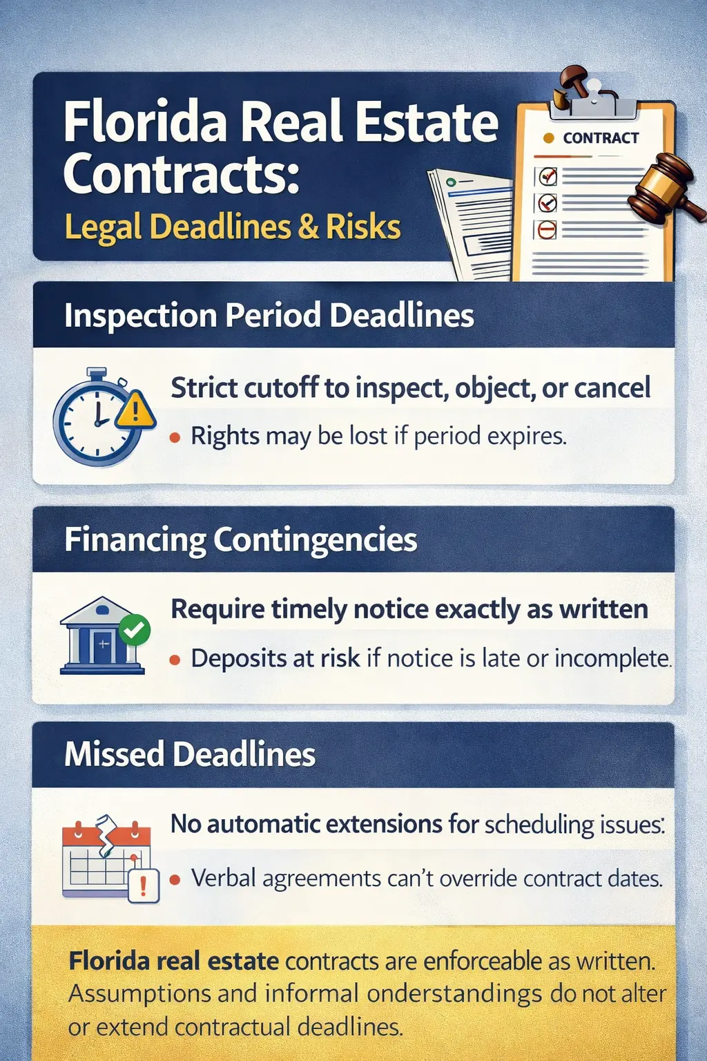Florida real estate contract deadlines showing inspection periods financing contingencies and closing risks